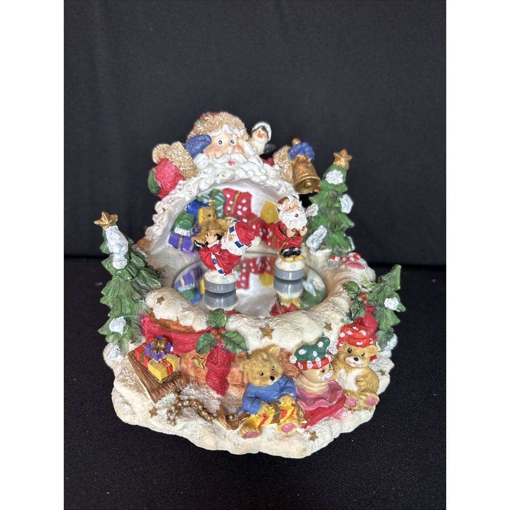 Vintage Santa Musical Christmas Sleigh Bells Ring Wind up Skating Mirror, Works